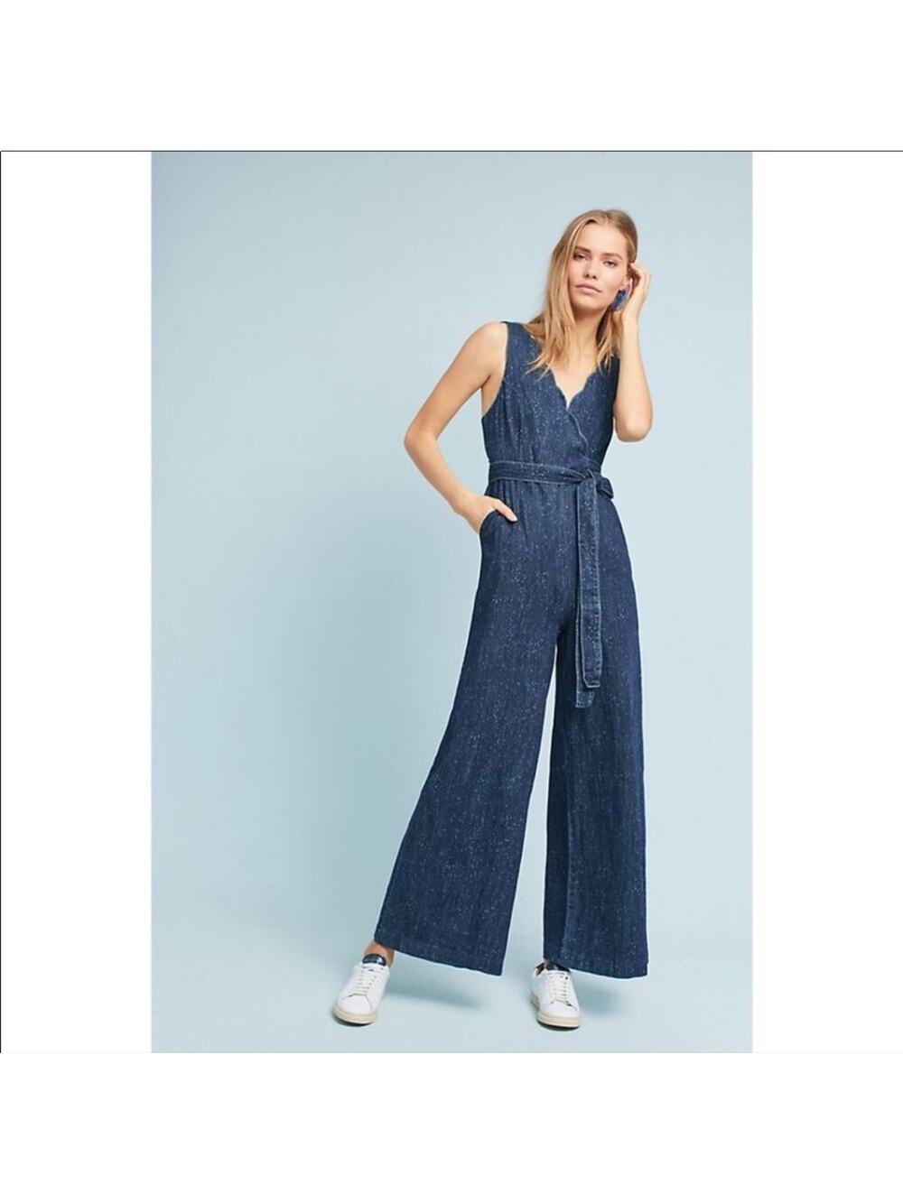 Anthropologie Indigo Sleeveless V-Neck Denim Jumpsuit with Belt